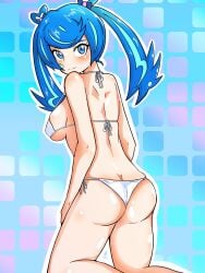 1girls ass bikini blue_angel blue_hair blush breasts closed_mouth earrings female heart looking_at_viewer looking_back panties purple_eyes rear_view smile tajima_hal twintails underwear yu-gi-oh! yu-gi-oh!_vrains zaizen_aoi