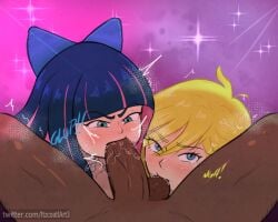 1boy 2girls ball_sucking balls blonde_hair blush collaborative_fellatio fellatio itzcoatl looking_at_viewer male_pov nude oral panty_&_stocking_with_garterbelt panty_anarchy pov purple_hair stocking_anarchy tears