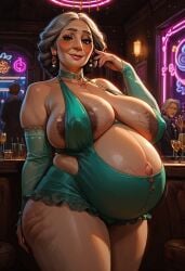 1girls ai_generated alma_madrigal big_breasts cerberuspup77926 dark_nipples disney encanto female_focus gilf granny indoors old_woman people_in_background pixar pregnant pregnant_older_female skimpy_clothes