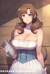 ai_generated big_ass big_breasts big_butt big_thighs blush brown_hair farm farmgirl huge_ass huge_butt huge_thighs medium_breasts milk_bottle oosuki_mamako purple_eyes tsuujou_kougeki_ga_zentai_kougeki_de_ni-kai_kougeki_no_okaasan_wa_suki_desu_ka? wanuze white_dress white_gloves wide_hips