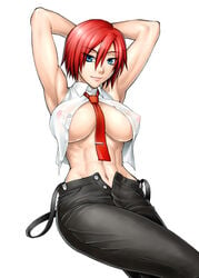 1girls abs armpits arms_behind_head arms_up bang-you blue_eyes breasts busty clothes female female_only hair hourglass_figure human jeans king_of_fighters large_breasts midriff muscle navel necktie necktie_between_breasts nipple_bulge nipples open_clothes open_shirt red_hair see-through shiny shiny_skin shirt short_hair simple_background snk solo suspenders unbuttoned_shirt unzipped vanessa_(kof) voluptuous