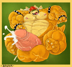 bowser cum green_skin hair male male_only mario_(series) muscles nintendo nipples orange_skin penis red_hair solo stagor55 straight_hair tagme testicles