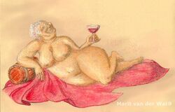 alcohol alcoholic_drink color discworld grandmother marit_van_der_wal nanny_ogg nipples nude nude_female obese_female older_female pencil_(artwork) pose smiling voluptuous wine_barrel wine_glass