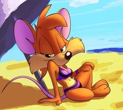 anthro barefoot beach clothes day female female_only fur furry furry_ears hand_on_leg ishoka mammal orange_fur outdoors rat rhubella_rat rodent round_ears sand sitting sky solo tail tiny_toon_adventures umbrella water