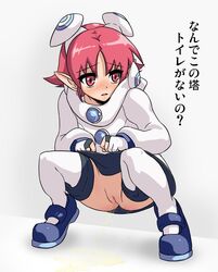 hood hou_(hachiyou) japanese_text no_panties peeing phantasy_star phantasy_star_zero pink_hair pointy_ears pussy sarisa sega text thighhighs translated uncensored young