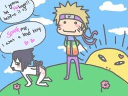 2boys all_fours bad_boy_admittance blonde_hair blue_eyes blue_sky clouds dark_brown_hair forehead_protector gaara gay_pride_colors hands_behind_back heart male male_only naruto nude_male pink_flowers sasuke_uchiha spank spanked spanking sun_rising tongue_out uzumaki_naruto what