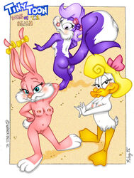 1990s 1992 20th_century 3girls anthro babs_bunny beach black_eyes blonde_hair blue_eyes duck female female_only fifi_la_fume fur furry loon mammal multiple_females nude pink_fur rabbit shirley_the_loon skunk soft_feathers tiny_toon_adventures toonpimp uncensored