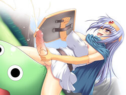 abu censored clothed_masturbation clothing cum dragon_quest dragon_quest_iii dress erect_nipples erect_nipples_under_clothes futa_only futanari large_breasts masturbation sage_(dq3) slime slime_(dragon_quest) slime_knight tagme