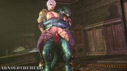 1boy 1girls 3d anal animated arnoldthehero big_breasts big_penis blonde cling green_skin heels holding hug human interspecies isabella_valentine lizardman monster penis scalie sex soul_calibur sound source_filmmaker straight text video watermark