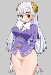 1girls big_breasts blush bottomless capcom clothing female gloves grey_background ingrid_(capcom) long_hair navel partially_clothed pussy red_eyes shishimaru_ken'ya straight_hair street_fighter tagme thick_thighs white_hair