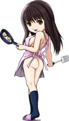 ane_doki apron ass breasts brown_eyes brown_hair chibi egg female footwear frying_pan hagiwara_natsuki harukigenia naked_apron natsuki_hagiwara nude sideboob slippers socks spatula