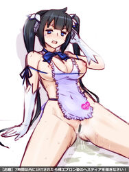 apron bar_censor black_hair blue_eyes blush breasts censored dungeon_ni_deai_wo_motomeru_no_wa_machigatteiru_darou_ka female gloves hestia_(danmachi) large_breasts long_hair naked_apron nipple_slip nipples peeing peeing_self pussy rei_no_himo solo sweat text thighs tied_hair translation_request twintails waist_apron white_gloves zero_hime