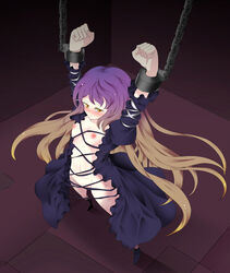 blush bondage cuffs dress flat_chest foreshortening gradient_hair gyo hijiri_byakuren long_hair manacles mound_of_venus multicolored_hair navel nipples no_bra no_panties shackles tear touhou yellow_eyes