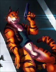 1boy alpha0 anthro armed balls biceps black_fur clothing feline flaccid fur furry furry_only green_eyes gun male male_only muscles no_humans orange_fur partially_clothed penis pistol ranged_weapon shirt solo stripes tank_top tiger uncut weapon white_fur