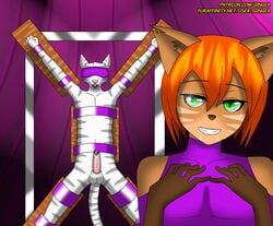 2015 anthro balls blindfold bondage bound clothing duo erection feline fur gag ginger green_eyes grin hair iginger male mammal nude orange_fur orange_hair penis smile stripes tau_maxim tiger white_fur white_tiger yaoi