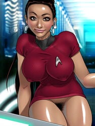 1girls breasts busty censored censored_pussy cleavage dark-skinned_female dark_skin eyeshadow female hairy huge_breasts kat's lipstick makeup nipple_bulge nyota_uhura pubic_hair pussy red_shirt star_trek star_trek_(2009) starfleet_insignia starfleet_uniform voluptuous vulva