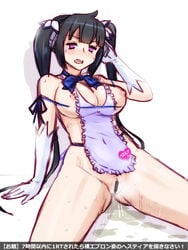 ahe_gao apron bar_censor black_hair blue_eyes blush breasts censored dungeon_ni_deai_wo_motomeru_no_wa_machigatteiru_darou_ka female gloves heart heart-shaped_pupils hestia_(danmachi) large_breasts long_hair naked_apron nipple_slip nipples peeing peeing_self pussy rei_no_himo solo sweat symbol-shaped_pupils text thighs tied_hair tongue tongue_out translation_request twintails waist_apron white_gloves zero_hime