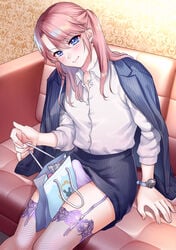 1boy absurd_res bad_id bad_pixiv_id blouse blue_eyes blue_skirt bulge business_suit crossdressing cute earrings erection erection_in_panties erection_under_skirt eyelashes eyeliner femboy feminine_male fishnet_stockings fishnets garter_belt garter_straps girly hi_res hikaru_(gevp7588) lingerie lipstick long_hair makeup male male_only miniskirt necklace office_clothing office_lady original original_character panties pencil_skirt penis penis_under_skirt pink_hair sexually_suggestive shirt sitting skirt skirt_suit soft_smile solo stockings suit