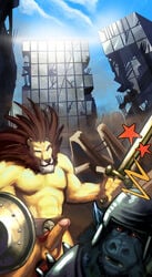 abs alpha0 anthro balls biceps black_hair black_nose blue_fur brown_fur city erection feline fur furry gay grin hair humanoid_penis lion loincloth male monkey muscles pecs penis red_eyes shield sword warrior weapon yellow_fur