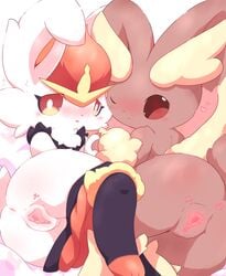 2girls anthro anus ass blush brown_hair cinderace cute duo female female/female female_cinderace female_lopunny female_only female_pokemon fluffy food fruit fur furry furry_only genitals hair heart hi_res lopunny naked nakimayo nintendo nude plant pokémon_(species) pokemon pokemon_(species) pokemon_ss pumpkin pussy semi-anthro smile smirk spread_pussy spreading tail tuft video_games white_hair yuri