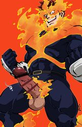 1boy 41raco bar_censor bara beard blue_bodysuit bodysuit censored covered_abs cowboy_shot endeavor_(my_hero_academia) enji_todoroki erection facial_hair feet_out_of_frame fire grin highres human human_only kirupi large_pectorals legs_apart looking_at_viewer male male_focus male_only mature_male muscular muscular_male my_hero_academia outstretched_arms penis precum scar scar_across_eye short_hair sideburns skin_tight smile solo spiked_hair spread_arms veins veiny_penis