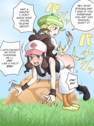 2girls ass assisted_exposure bianca_(pokemon) blonde_hair boots bottomless clothing crying crying_with_eyes_open dialogue embarrassed english_text female female_focus female_only female_protagonist femdom femsub game_freak hard_translated hat highres hilda_(pokemon) japanese_text laced_boots multiple_girls nintendo open_mouth outdoors outside over_the_knee over_the_knee_spanking pain panties pinkiri pinkiri_(jawking) plant pokemon pokemon_(game) pokemon_bw punishment punishment_spanking red_eyes sound_effects spanked spanking speech_bubble struggling tears text third-party_edit underwear