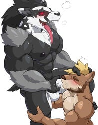 2boys abs absurd_res anthro balls black_body black_fur blonde_hair blush bodily_fluids brown_body cum cum_in_mouth cum_inside duo fellatio fur furry gay genital_fluids genitals grey_body grey_fur hair hi_res maldu male male/male male_only mammal muscular muscular_anthro muscular_male nintendo nipples obstagoon oral pecs penile penis pokémon_(species) pokemon red_eyes sex tongue tongue_out video_games white_body white_fur yaoi