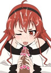 1boy 1girls clothed cum cum_on_face eris_boreas_greyrat eris_greyrat female hair_ornament handjob mushoku_tensei red_eyes red_hair tongue_out