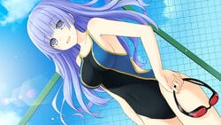 armpit_peek breasts competition_swimsuit covered_navel date_a_live game_cg goggles goggles_removed izayoi_miku medium_breasts official_art one-piece_swimsuit open_mouth purple_hair sideboob silver_eyes tsunako