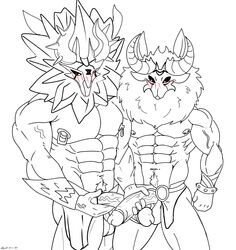 akiidiamondheart_(artist) anthro balls big_penis bottomwear clothing duo furry genitals genshin_impact handjob hi_res hilichurls_(species) huge_cock humanoid lawachurl loincloth male male/male male_only mitachurl muscular penile penis sex size_difference stonehide_lawachurl