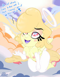 1girls angel anthro blonde_hair blush breasts cherub cloud eyebrows eyelashes female fingers half-closed_eyes helluva_boss keenie looking_up nipples sheep sky vivienne_medrano wastedtimeee yellow_body