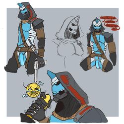 2boys android armor belt black_clothing blue_body blush boner bungie cayde-6 clothed clothing crotchless_clothing destiny_(game) duo erection exo flaccid gay genitals guardian_(destiny) gun handjob hi_res hood humanoid hunter_(destiny) knife machine male male/male male_on_male male_only penile penis pigeonpantonium plate_armor ranged_weapon robot robot_humanoid sex sketch skimpy weapon yellow_penis