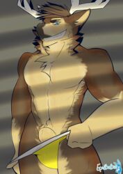 absurd_res animal_genitalia anthro antlers cervid clothing epicbunbun father furry genitals grin hi_res horn humanoid imminent_sex jockstrap male male/male mammal morning muscular parent penis pubes revealing_penis sheath smile solo underwear undressing