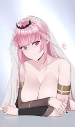 big_ass big_breasts covered_nipples damodar female hololive hololive_english hololive_myth huge_breasts long_hair looking_at_viewer mori_calliope naked pink_hair red_eyes signature simple_background smile solo veil virtual_youtuber