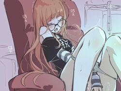 asutora blush chair closed_eyes female glasses long_hair masturbation open_mouth orange_hair panties panty_pull persona persona_5 sakura_futaba sitting solo underwear white_panties