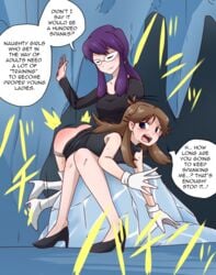 2girls age_difference ass bottomless brown_hair crying crying_with_eyes_open dialogue dress_raised_for_spanking elite_four embarrassed english_text female female_focus female_only female_protagonist femdom femsub game_freak glasses gloves green_(pokemon) hard_translated heels highres japanese_text lorelei_(pokemon) lorelei_(pokemon_adventures) multiple_females multiple_girls nintendo over_the_knee over_the_knee_spanking pinkiri pinkiri_(jawking) pokemon pokemon_(manga) pokemon_adventures pokemon_frlg pokemon_lgpe pokemon_rgby punishment punishment_spanking purple_hair red_ass smug sound_effects spanked spanking speech_bubble tears tears_of_pain text third-party_edit translated white_gloves