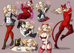 2girls :p ann_takamaki atlus bell_collar black_hair blonde_hair blue_eyes bodysuit boots cat_ears character_sheet cleavage clothing costume crepe dialogue earrings english_text fake_animal_ears fake_tail feline female female_only food garter_belt garter_straps gloves heart-shaped_pupils hi_res high_heel_boots high_heels hugging human implied_yuri kinkymation lingerie mask megami_tensei pale_skin persona persona_5 phantom_thief_suit phone ponytail red_lingerie red_stockings reference_sheet sega shiho_suzui stockings tail twintails voluptuous wink yuri