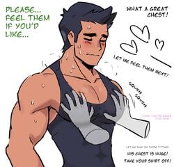 1boy 3_hearts bara blush closed_eyes dialogue gay human human_only little_mac male male_only milkiato muscle muscular_male nintendo punch-out!! punch_out shy solo_focus solo_male tan_skin text undershirt