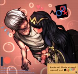 1boy 1girls assertive black_eyes black_hair black_nails blush bodystocking cedric_dewitt english_text faceless_male female fire_emblem fire_emblem_awakening handjob hearts long_hair male mostly_clothed motion_lines nail_polish nervous nintendo pants_down penis penis_out precum robin_(fire_emblem) robin_(fire_emblem)_(male) suggestive text text_box tharja_(fire_emblem) white_hair