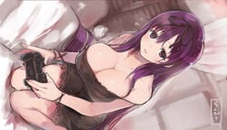 black_nightgown black_ribbon cleavage controller controller_(playstation) dualshock_4 gamer_girl huge_breasts murasaki_(senran_kagura) purple_eyes purple_hair senran_kagura sitting very_long_hair yaegashi_nan