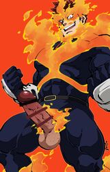 1boy 41raco bar_censor bara beard blue_bodysuit bodysuit censored covered_abs cowboy_shot endeavor_(my_hero_academia) enji_todoroki erection facial_hair fire grin highres human human_only kirupi large_pectorals legs_apart looking_at_viewer male male_focus male_only mature_male muscular muscular_male my_hero_academia outstretched_arms penis scar scar_across_eye short_hair sideburns skin_tight smile solo spiked_hair spread_arms veins veiny_penis