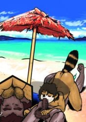 2018 all_fours anthro ass athletic athletic_anthro athletic_male ball_sniffing balls balls_on_face beach beach_umbrella biceps big_balls big_penis biped body_hair brown_body brown_hair brown_skin closed_eyes colored detailed_background digital_drawing_(artwork) digital_media_(artwork) duo erection eyebrows fellatio furry genitals glistening hair hairy hairy_arms hairy_balls hairy_legs humanoid_genitalia humanoid_penis invalid_tag looking_pleasured lying male male/male male_only male_penetrated male_penetrating male_penetrating_male mammal mountain muscular muscular_male nude olimacdoodles on_back oral oral_penetration outside pacho_(olimacdoodles) parasol penetration penile penis procyonid pubes raccoon raised_tail sand sea seaside sex shaded shadow shaggy_hair sky sniffing striped_tail stripes throat_swabbing towel ursid vein veiny_penis water yaoi