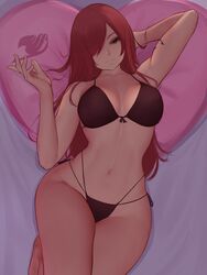 absurdres arm_behind_back bed_sheet bikini black_bikini breasts brown_eyes erza_scarlet fairy_tail female hair_over_one_eye heart heart_pillow highres large_breasts legs_together long_hair looking_at_viewer lying navel on_back on_bed pillow red_hair smile swimsuit thighs zaki_btw