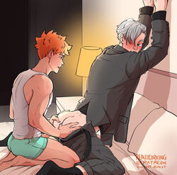 2boys anal anal_sex doggy_style_position formal_wear gay haiba_lev haikyuu!! human human_only male male/male male_on_male male_only orange_hair penetration reallycorking shoyo_hinata silver_hair suit teaspoons_position