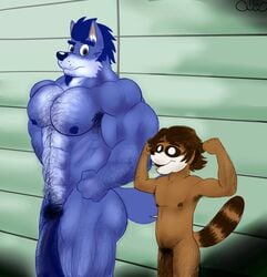 2016 5_fingers abs anthro armpit_hair biceps big_muscles big_penis blue_body blue_hair body_hair brown_body brown_hair canid canine canis chest_hair colored detailed detailed_background digital_drawing_(artwork) digital_media_(artwork) duo eyebrows facial_hair fingers flaccid flexing furry genitals goatee guzreuef hair hairy hairy_armpits hairy_arms hi_res huge_cock humanoid_genitalia humanoid_penis looking_at_another male male_only mammal muscular muscular_anthro muscular_male nipples nude olimacdoodles pacho_(olimacdoodles) pecs penis pose procyonid pubes raccoon shaded shower size_difference skinny smile standing watermark wolf