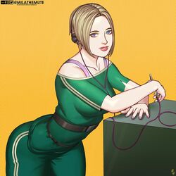 1girls ass bent_over blonde_hair blue_eyes green_leggings green_shirt headphones iq_(rainbow_six) leggings mila_the_mute rainbow_six rainbow_six_siege short_hair tagme tight_clothing tom_clancy ubisoft