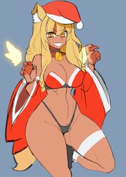 big_breasts blonde_hair choker curvy dark-skinned_female dark_skin fate/grand_order fate_(series) fox_ears looking_at_viewer nikujuu_uc panties santa_costume santa_hat slim_waist suzuka_gozen_(fate) suzuka_gozen_(santa)_(fate) tan wide_hips