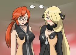 ... 2girls black_clothing blonde_hair blush breast_grab breasts champion cleavage clothed clothing cynthia_(pokemon) double_breast_grab elite_four female female_focus game_freak glasses grabbing_breasts hair_ornament hair_tie light-skinned_female light_skin lorelei_(pokemon) lorelei_(pokemon_frlg) multiple_girls nekotuyo pokemon pokemon_dppt pokemon_frlg pokemon_rgby ponytail pov red_hair sleeveless yellow_hair