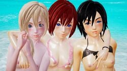 3d 3girls beach bikini breasts breasts_out cum cum_on_body cum_on_face cum_on_upper_body disney female_only honey_select kairi kingdom_hearts namine nipples nobody_(kingdom_hearts) one-piece_swimsuit roseza smile square_enix water xion