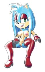 anthro becky_the_hedgehog belly blue_body blue_fur breasts clothing eulipotyphlan fan_character female fours_(artist) fur genitals gloves handwear hedgehog hi_res legwear makeup mammal mascara nipples pink_nipples pubes purity_the_hedgehog pussy solo sonic_(series) sonic_the_hedgehog_(series) tan_belly thigh_highs